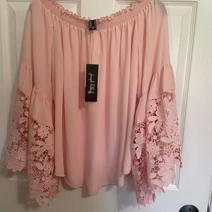 Joseph Ribkoff Blush Blouse with Floral Lace Sleeves